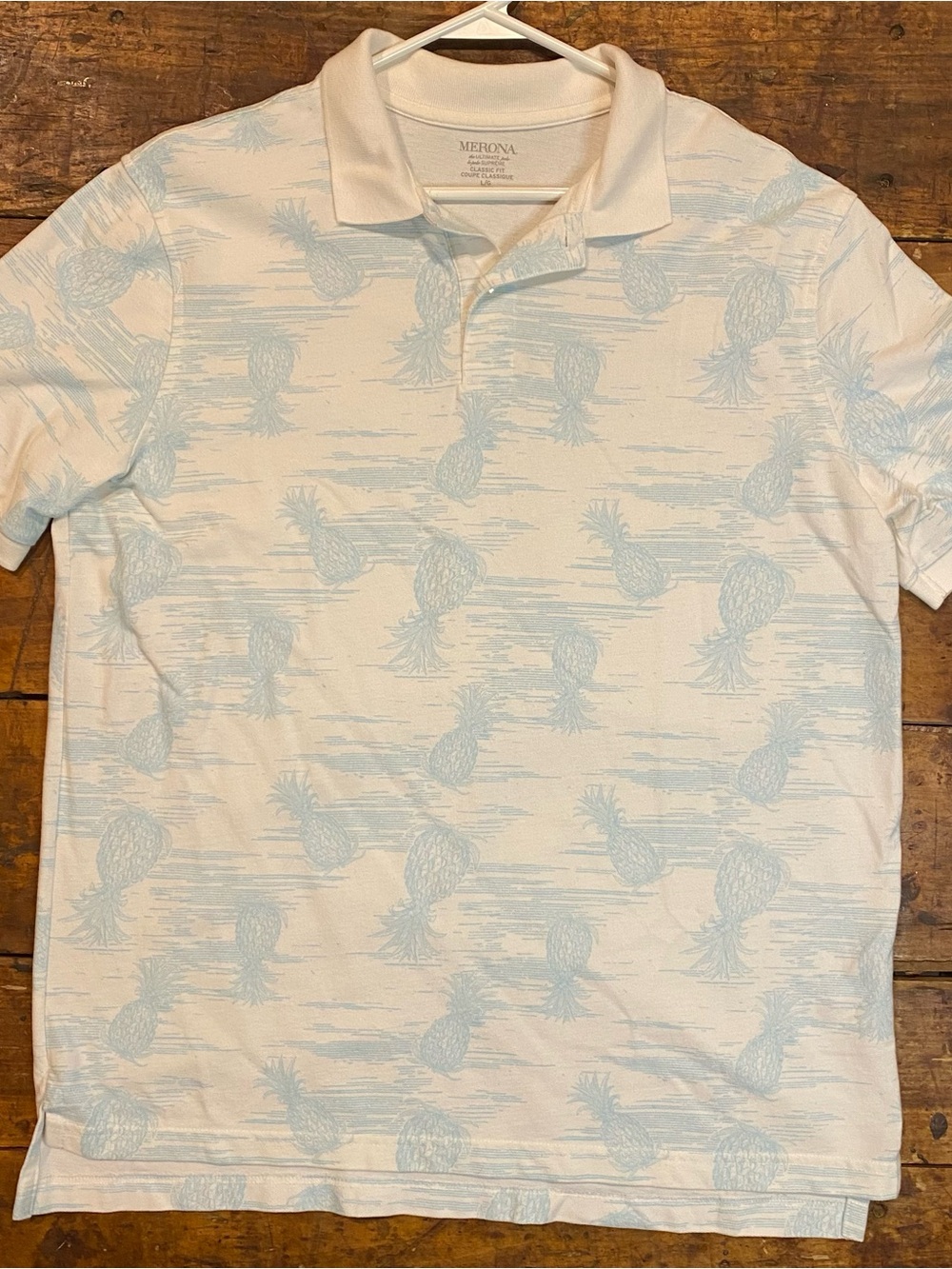 Merona White Polo with Light Blue Pineapple Motif